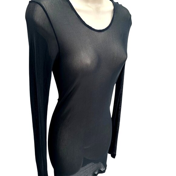 NWOT Flax Sheer Black Long Sleeve Sheer Stretchy Nylon Top Size M USA-Made - Picture 2 of 6